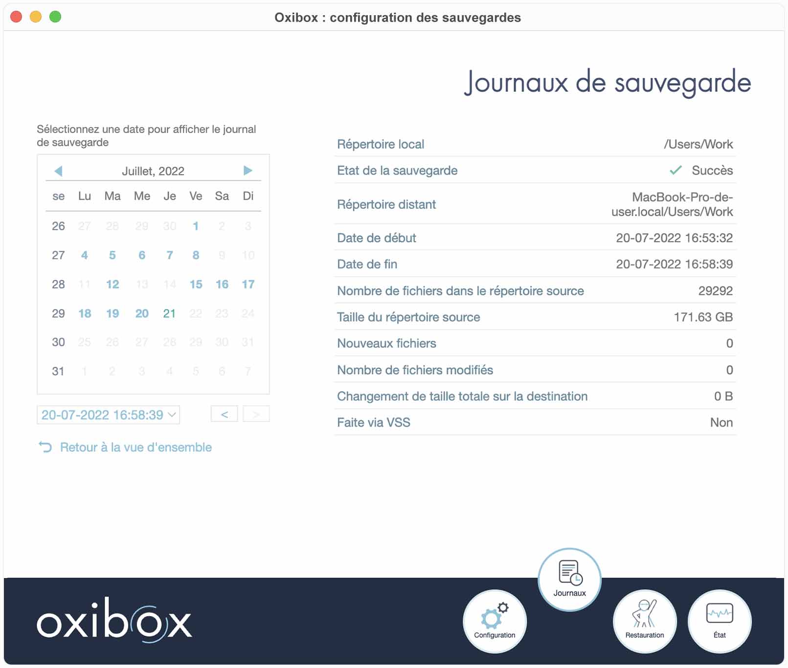 Agent Oxibox Configuration journaux de sauvegarde