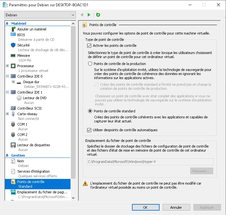 Paramètres des snapshots
