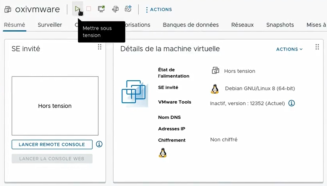 Démarrage de la VM Oxibox