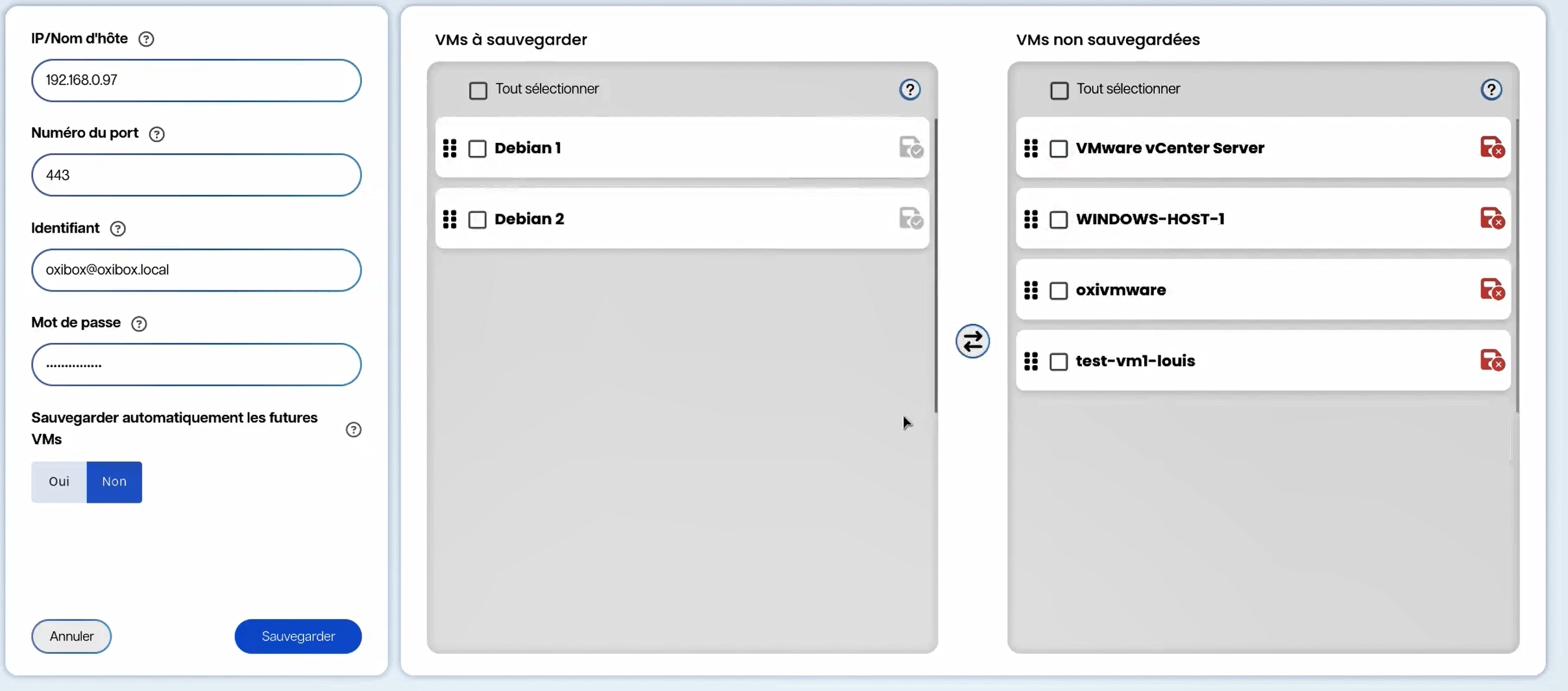 Configuration des VMs à sauvegarder